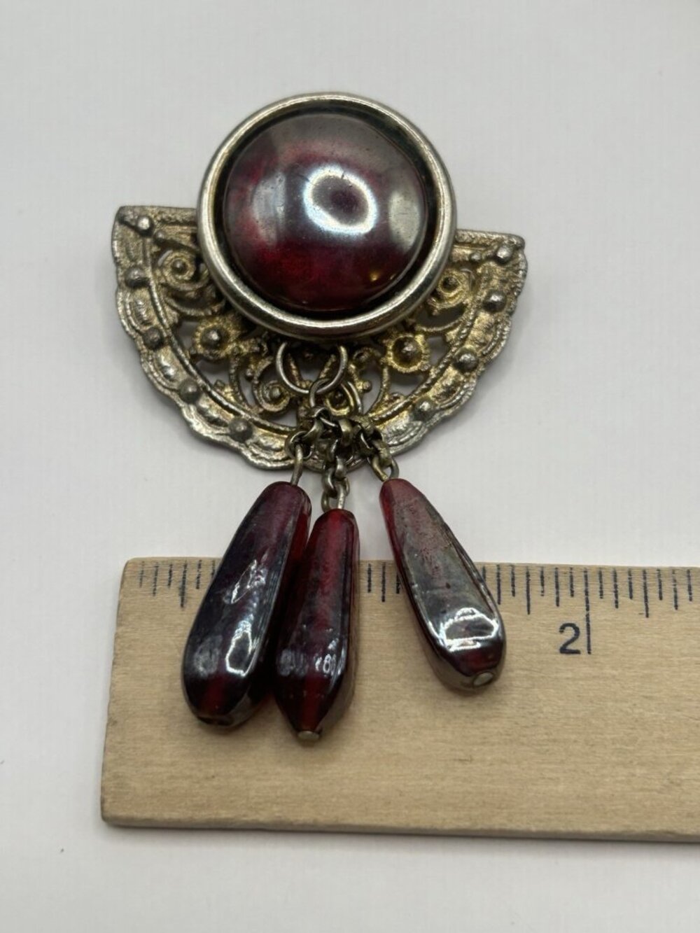 Vintage Art Deco Style Red Glass Dangle Brooch Ornate Metal Revival Jewelry MCM - Picture 8 of 10